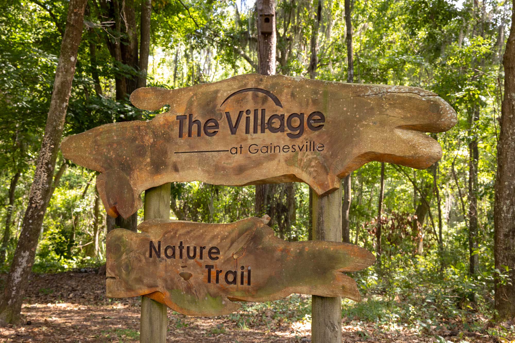 wood sign denoting The Village at Gainesville nature trails